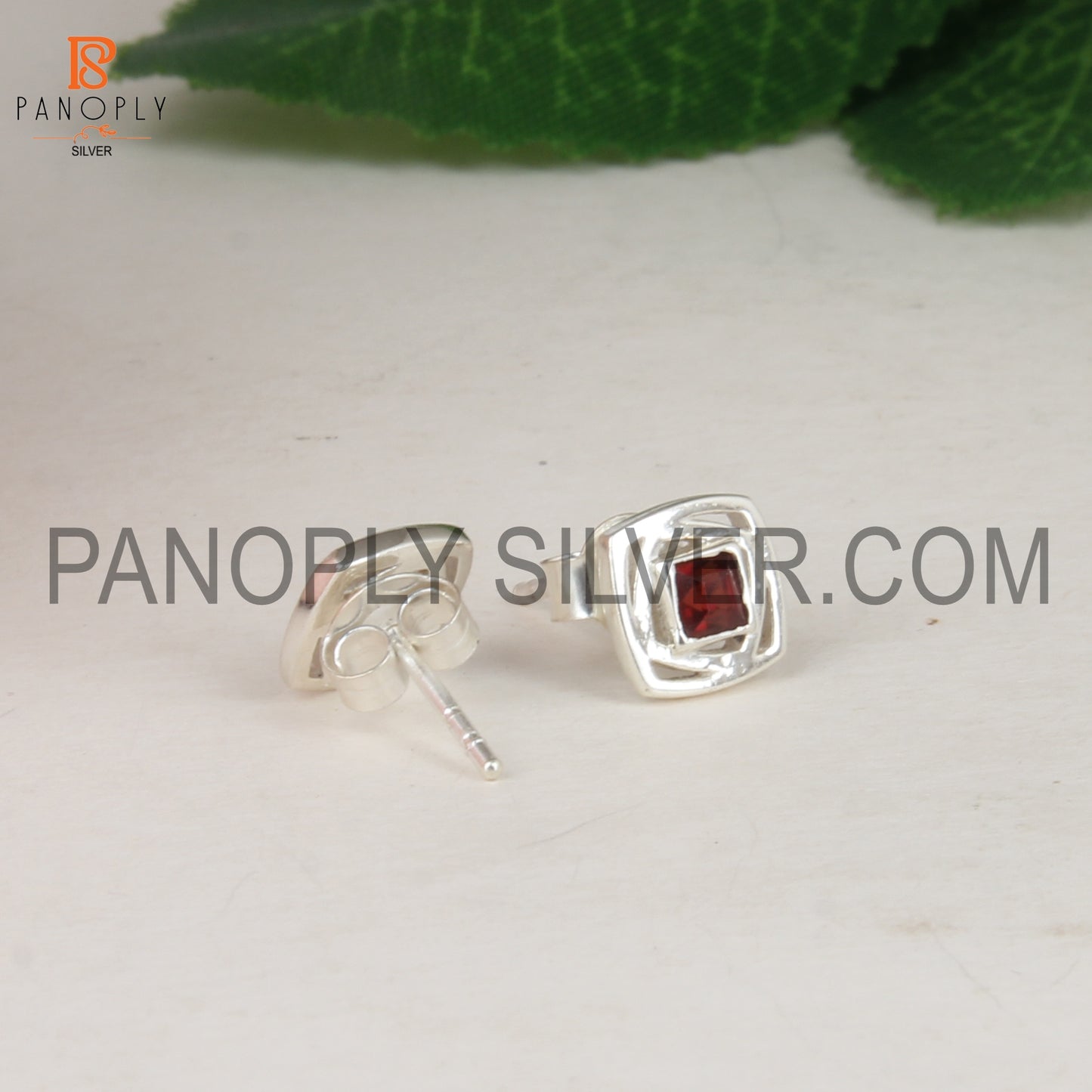 Square Shaped Fine 925 Sterling Silver Garnet Stud Earrings
