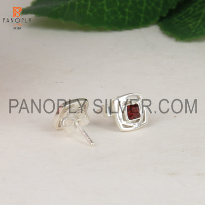 Square Shaped Fine 925 Sterling Silver Garnet Stud Earrings