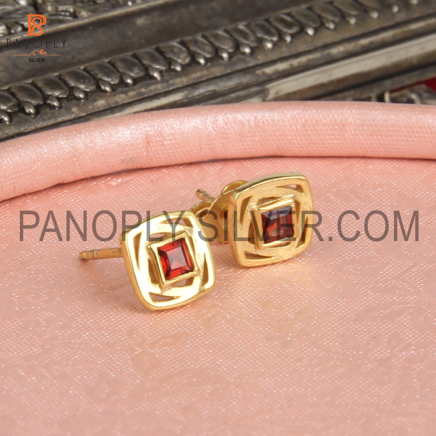 18K Gold Plated 925 Silver Women Garnet Stud Earrings