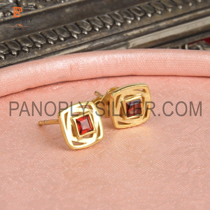 18K Gold Plated 925 Silver Women Garnet Stud Earrings