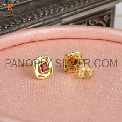 18K Gold Plated 925 Silver Women Garnet Stud Earrings