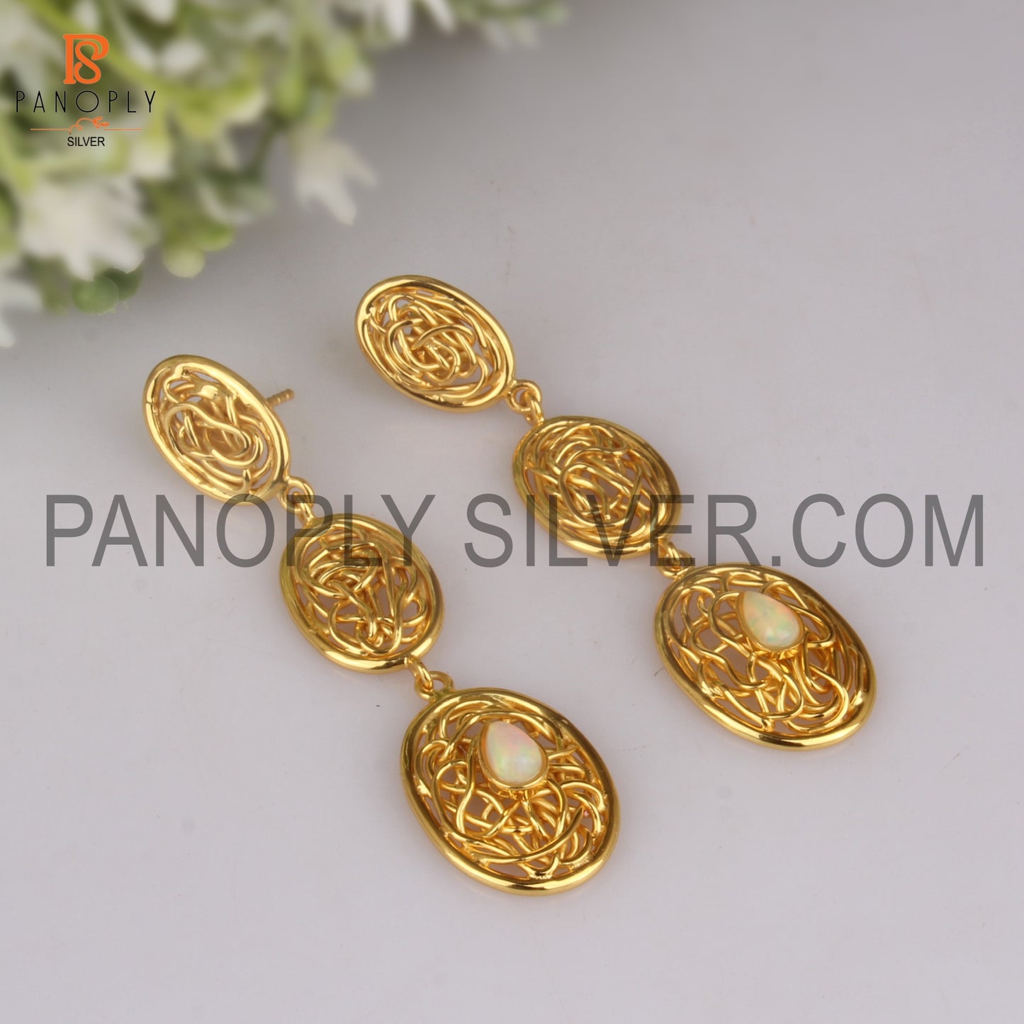 Ethiopian Opal 18k Gold Plated Entwined Long Drop Earrings