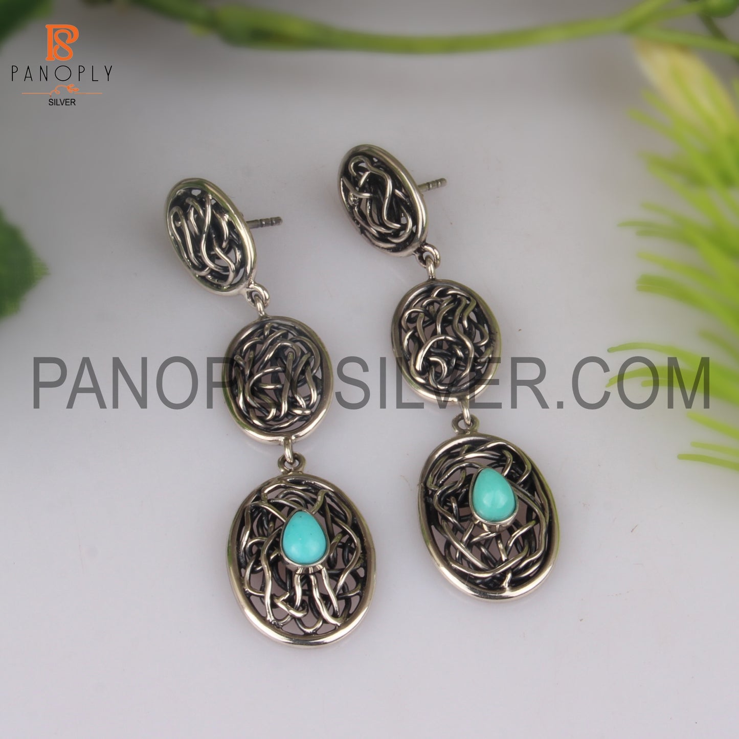 Arizona Turquoise Oxidized 925 Silver Entwined Drop Earrings