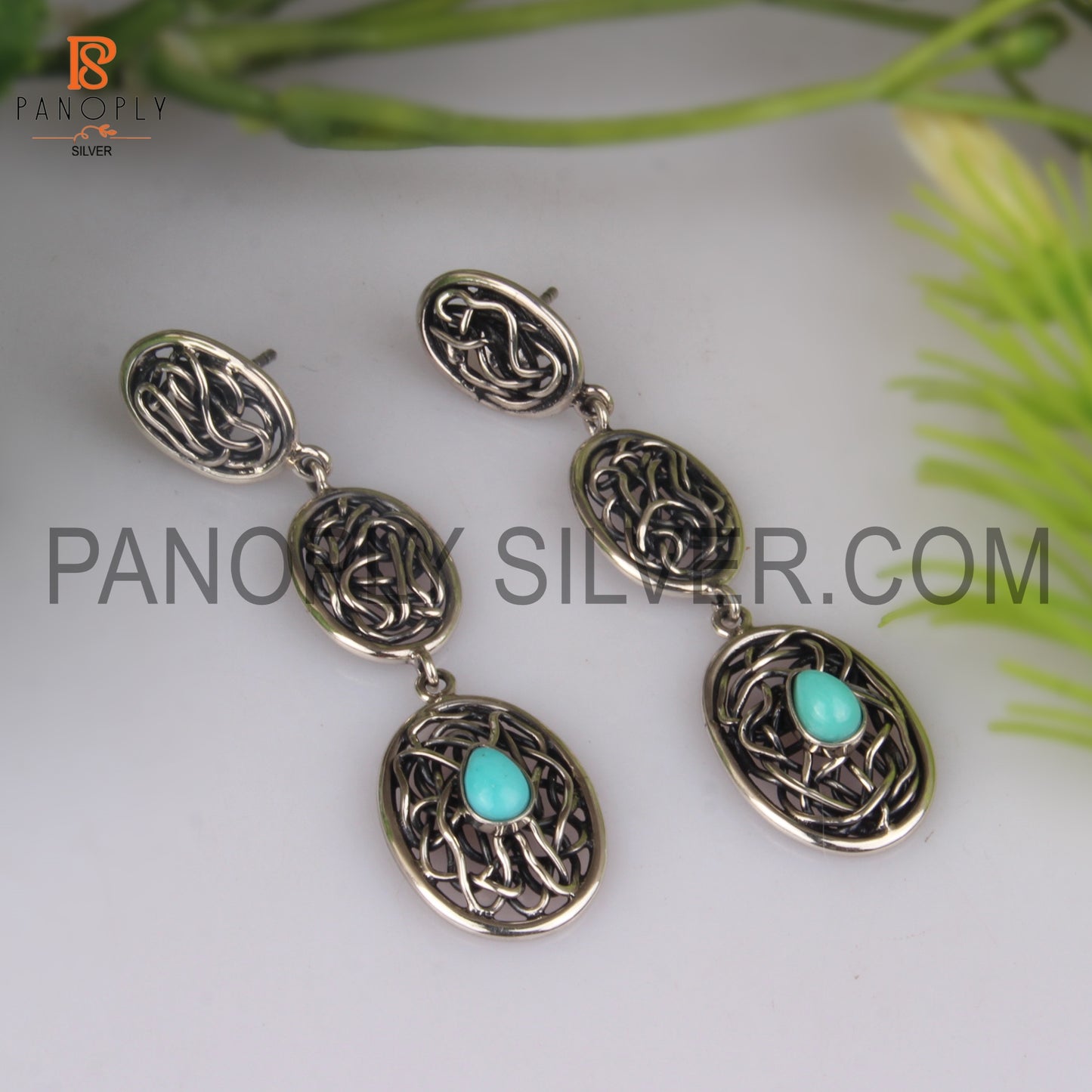 Arizona Turquoise Oxidized 925 Silver Entwined Drop Earrings