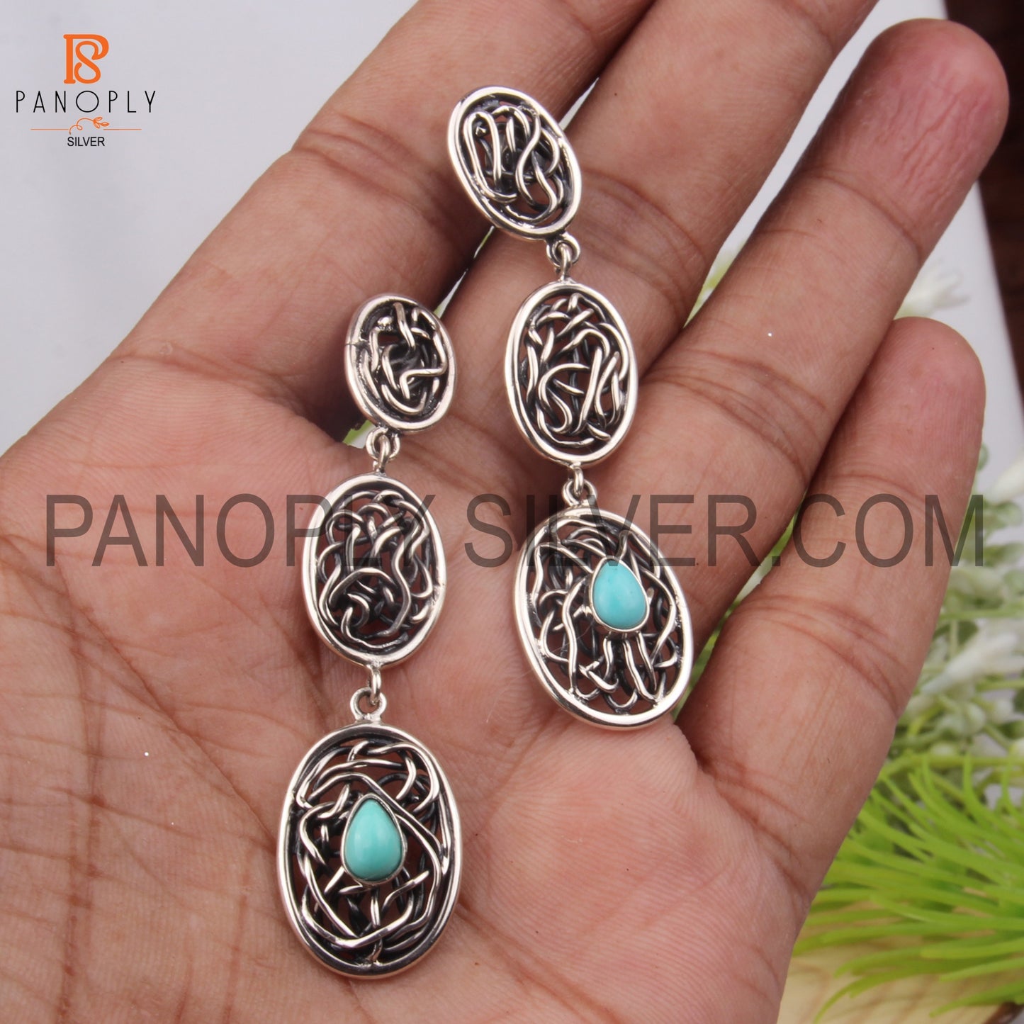 Arizona Turquoise Oxidized 925 Silver Entwined Drop Earrings