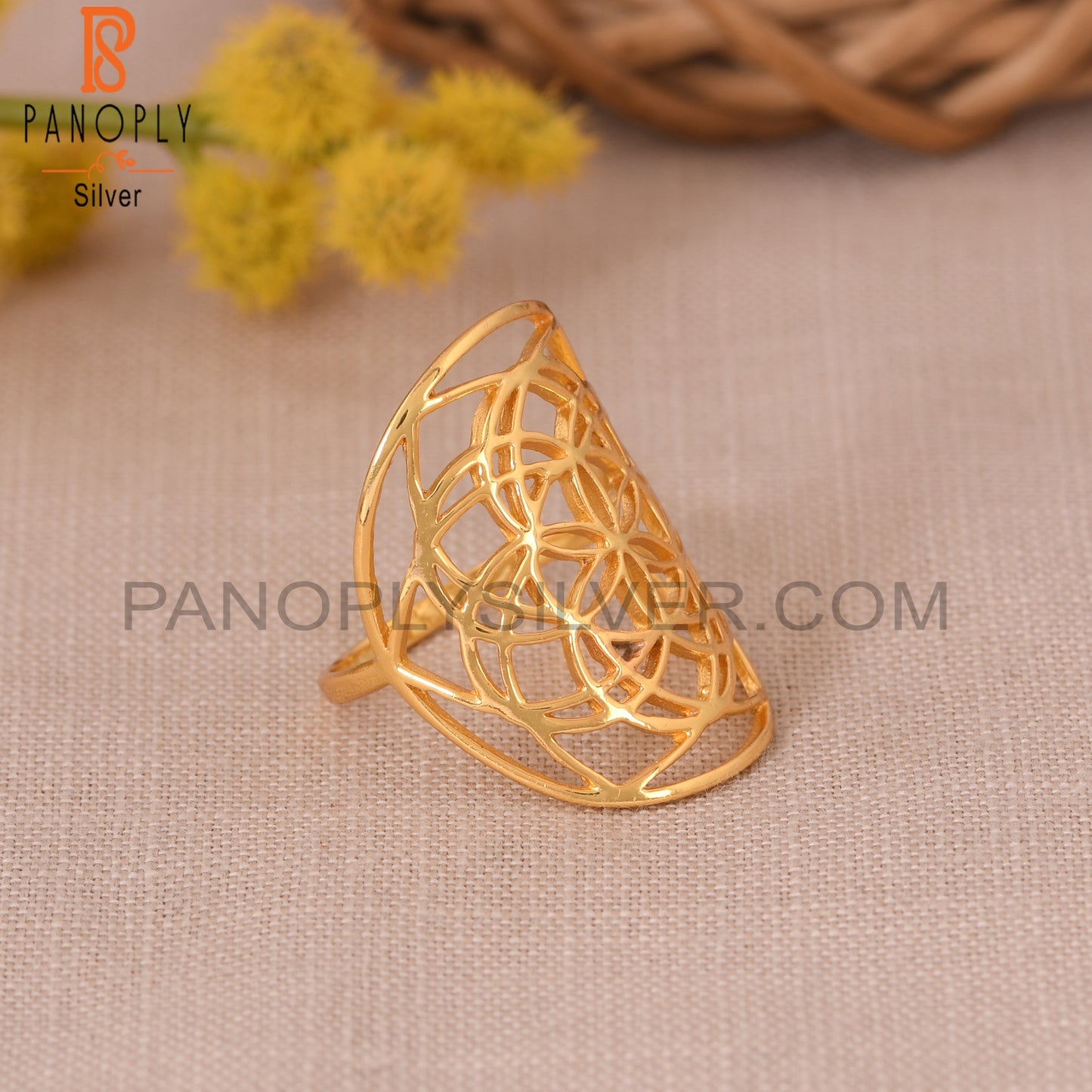 Mandala Flower 925 Sterling Silver Gold Rings