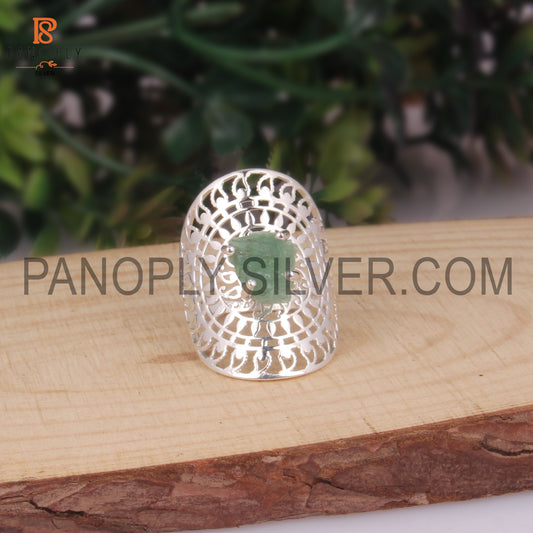 Raw Emerald Mandala Ring Silver Filigree Statement Jewelry