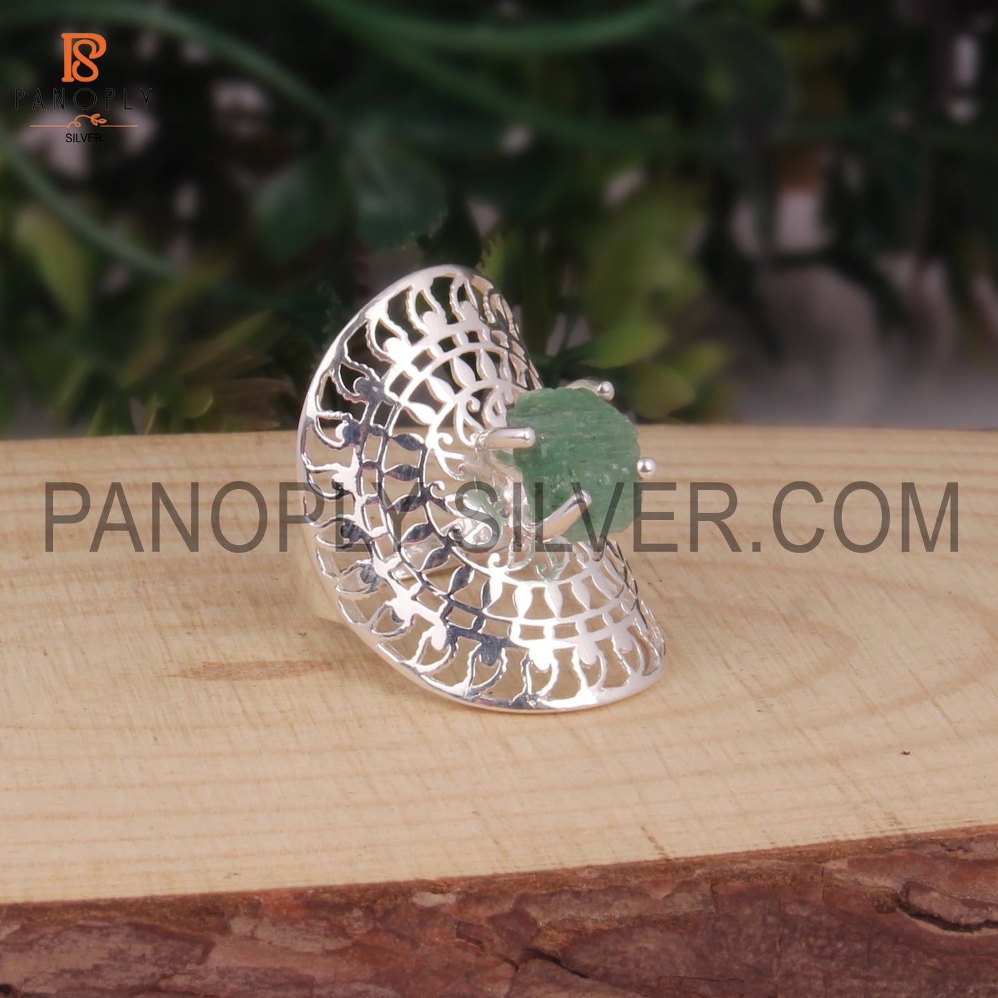 Raw Emerald Mandala Ring Silver Filigree Statement Jewelry
