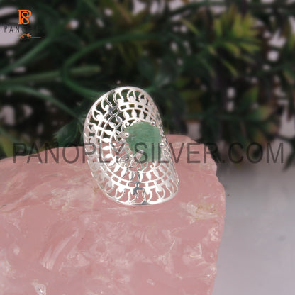 Raw Emerald Mandala Ring Silver Filigree Statement Jewelry
