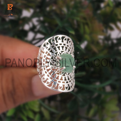 Raw Emerald Mandala Ring Silver Filigree Statement Jewelry