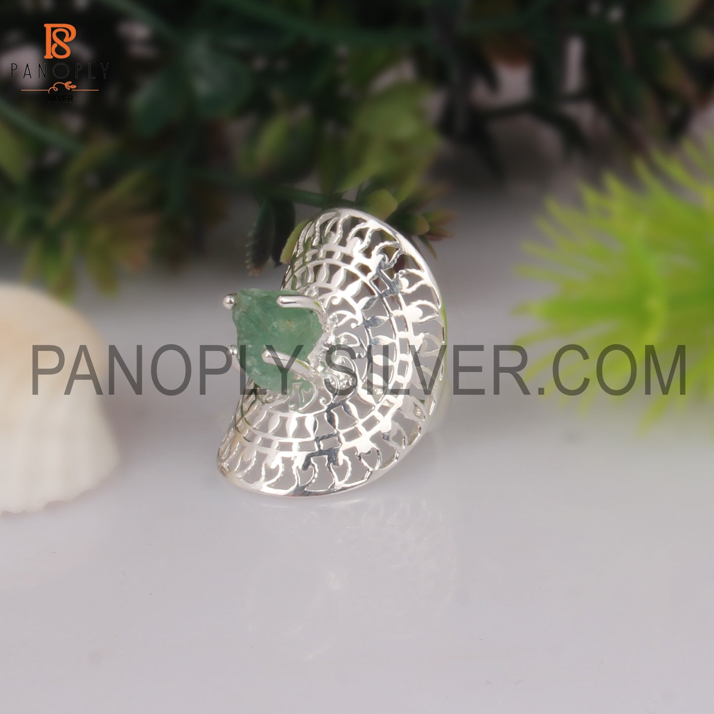 Raw Emerald Mandala Ring Silver Filigree Statement Jewelry