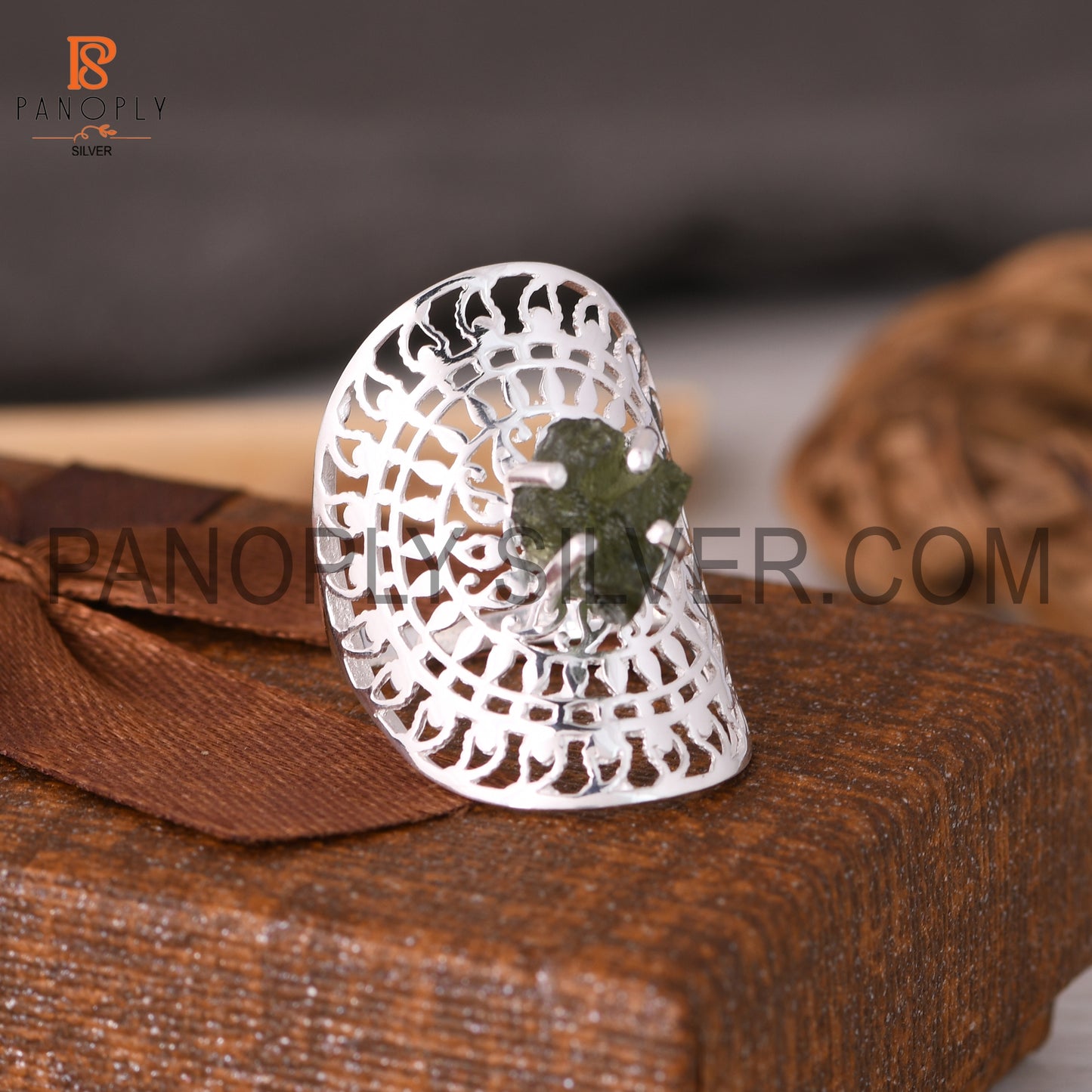 Raw Moldavite Rings, 925 Sterling Silver Mandala Ring