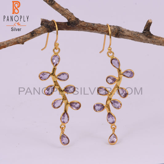 925 Quality Finding Amethyst Gold Leaf Dangle Earrings