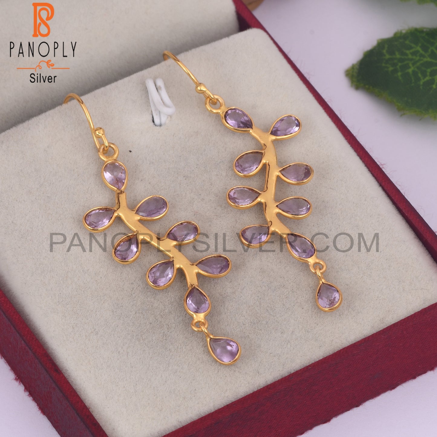 925 Quality Finding Amethyst Gold Leaf Dangle Earrings