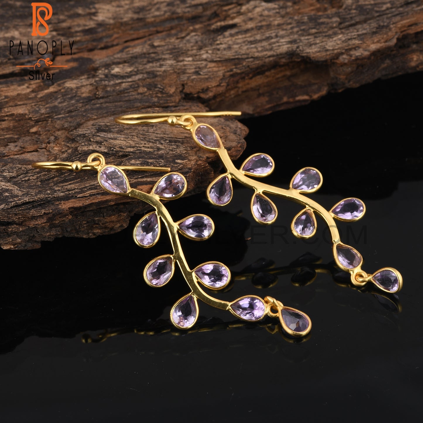925 Quality Finding Amethyst Gold Leaf Dangle Earrings