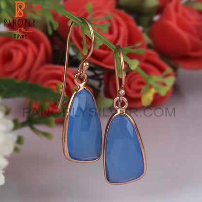 Checker Cut Blue Chalcedony Rose Gold Plating Earrings