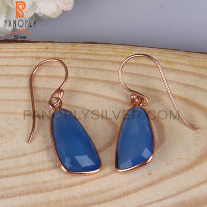 Checker Cut Blue Chalcedony Rose Gold Plating Earrings