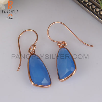 Checker Cut Blue Chalcedony Rose Gold Plating Earrings