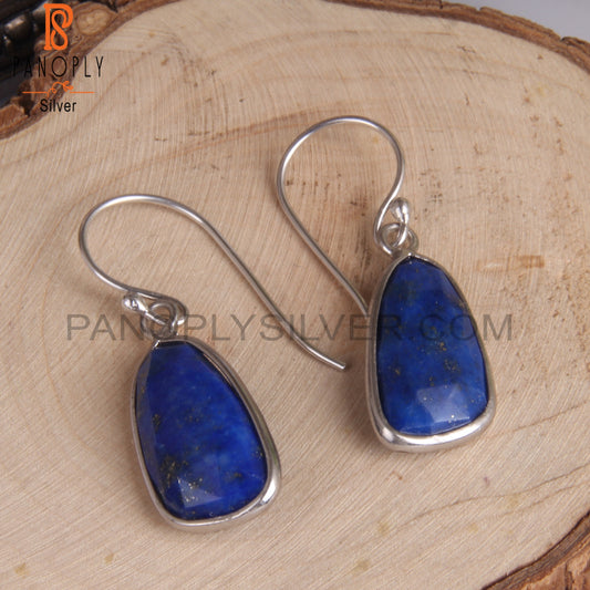 White Rhodium Plating Lapis Checker Set Earwire Earrings