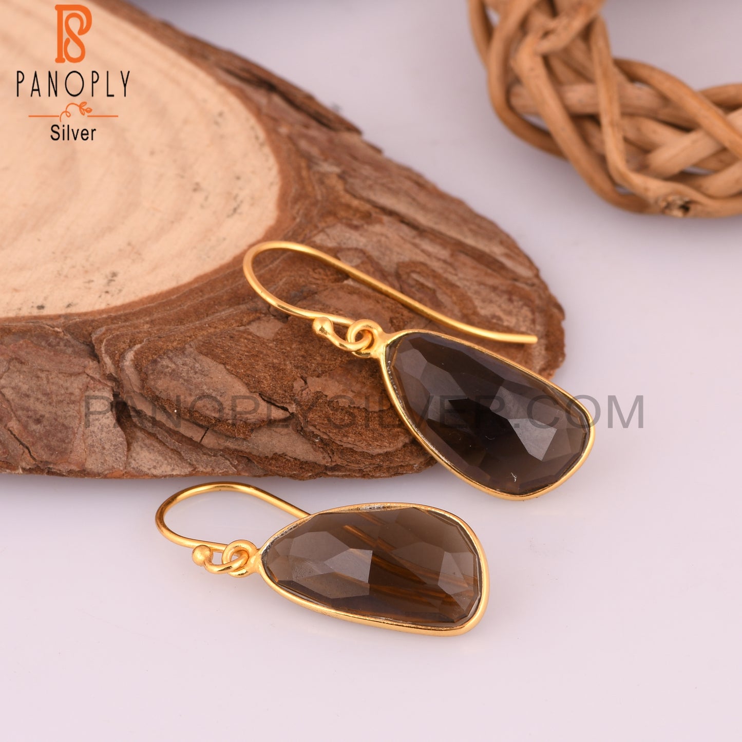 Natural Smoky Quartz Hook Earrings With Gold Plated Jewelry