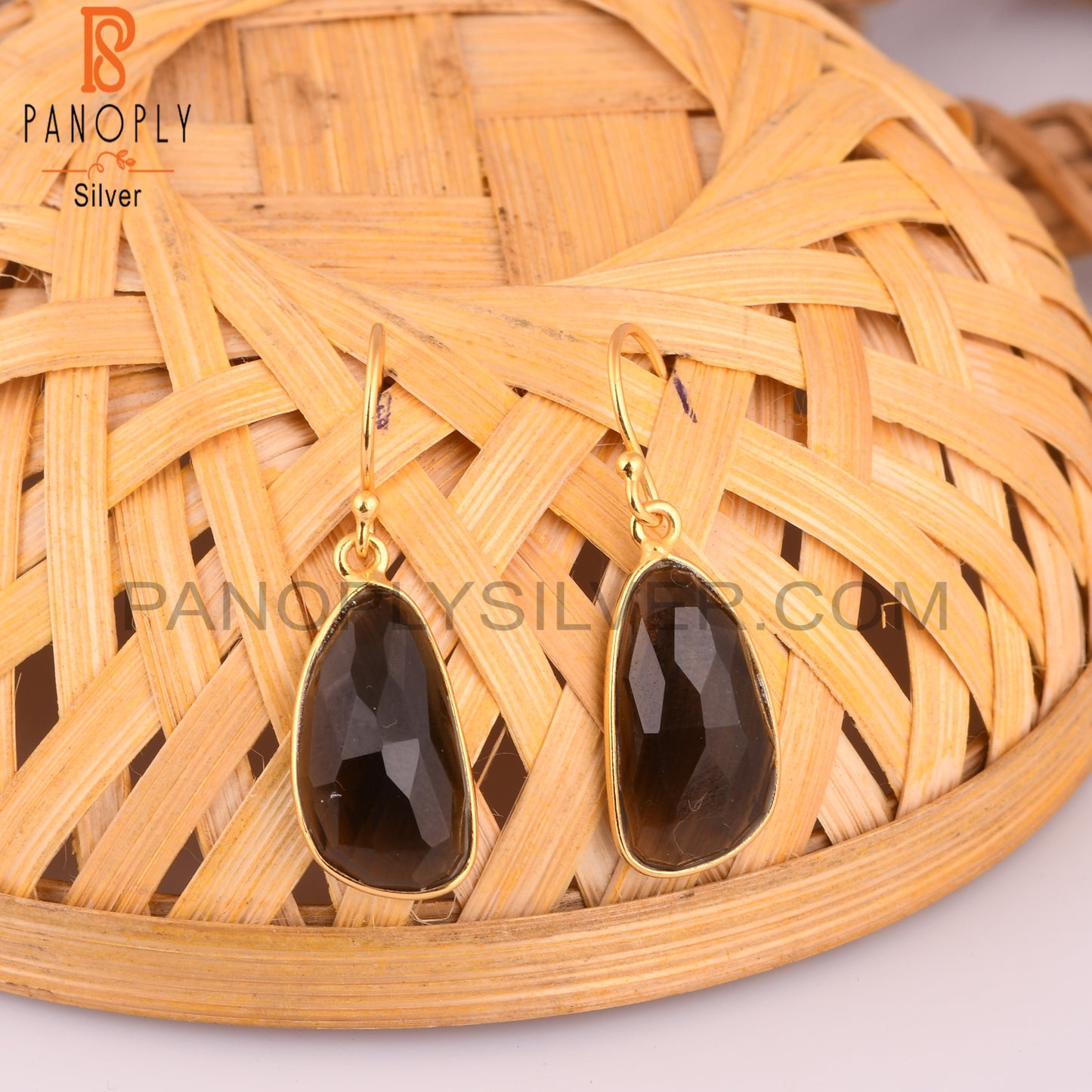 Natural Smoky Quartz Hook Earrings With Gold Plated Jewelry