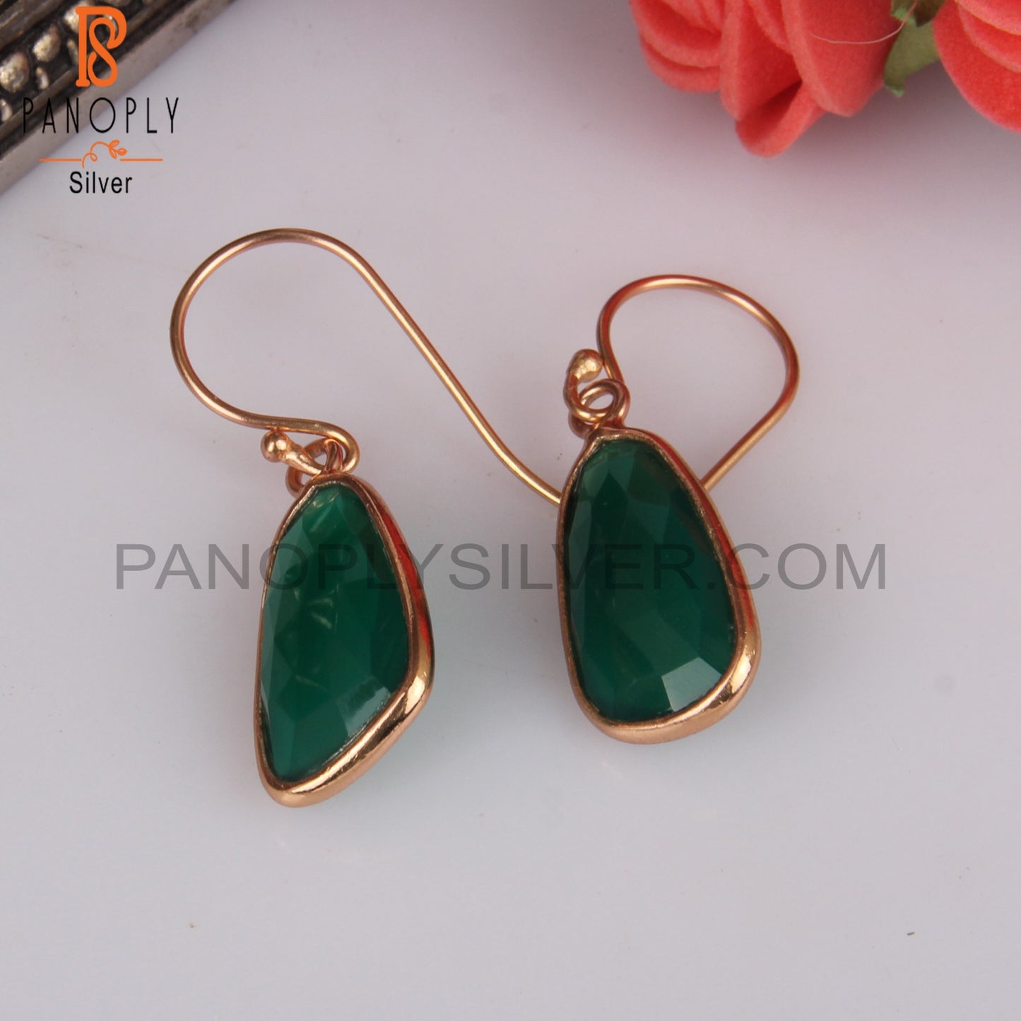 925 Quality Green Onyx Rose Gold Plated Casual Earwire Earrings