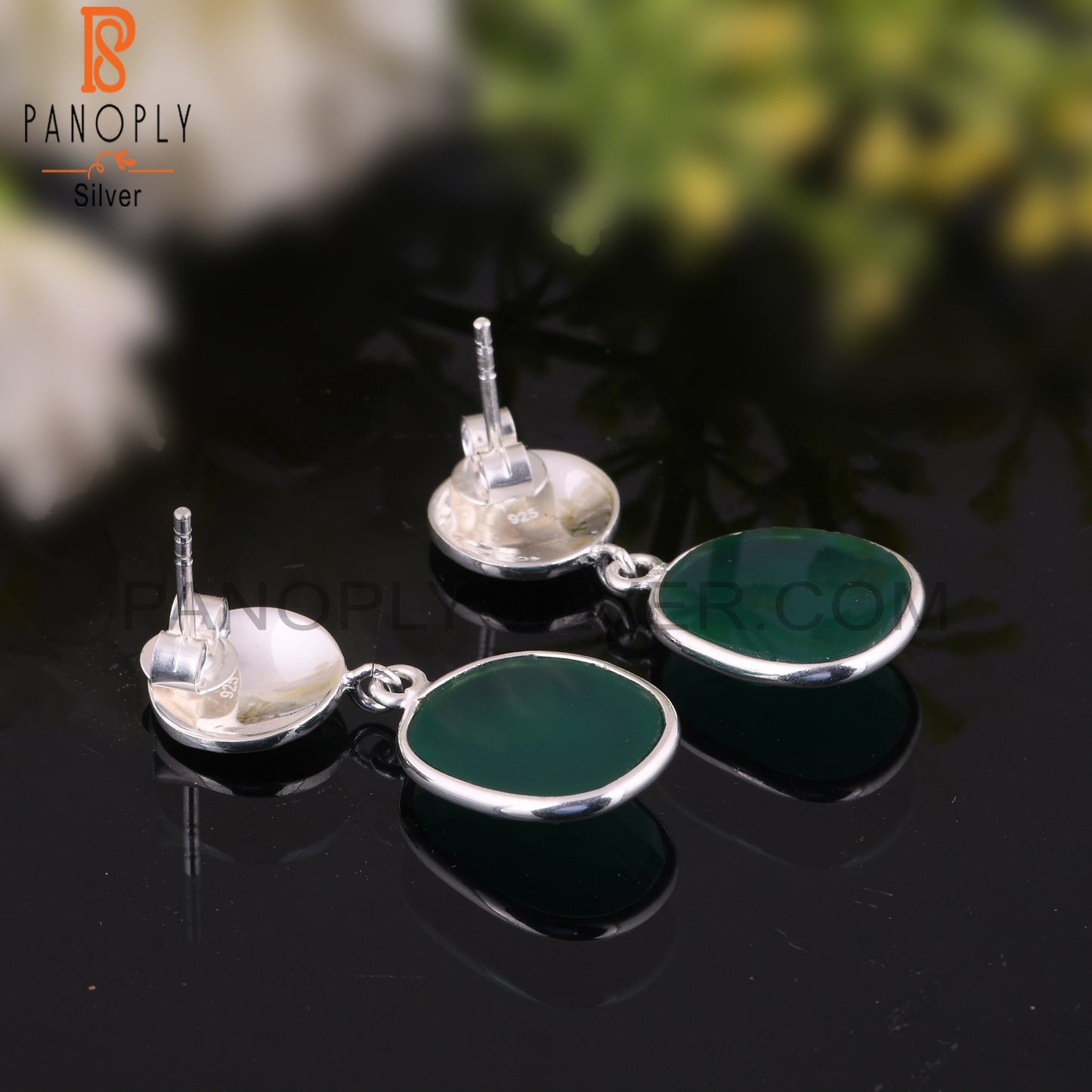 Green Onyx 925 Silver Hammered Disc Earrings