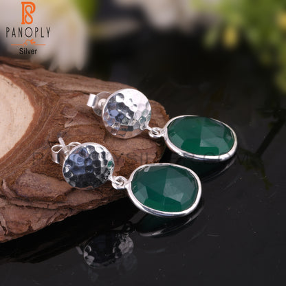 Green Onyx 925 Silver Hammered Disc Earrings