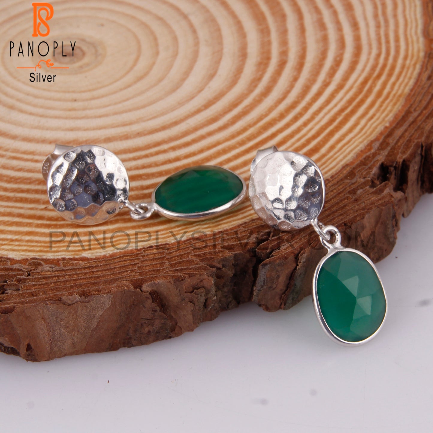 Green Onyx 925 Silver Hammered Disc Earrings