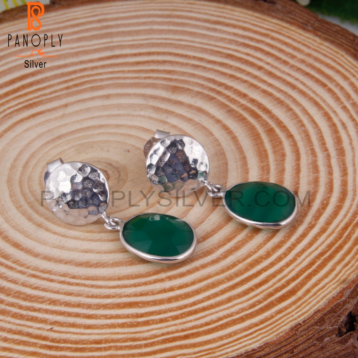 Green Onyx 925 Silver Hammered Disc Earrings