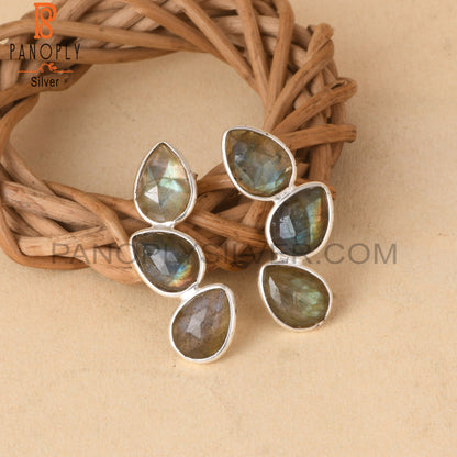 Briolette Cut Labradorite Gem 925 Silver Drop Earrings