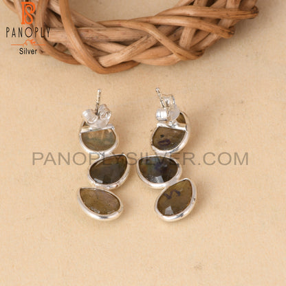 Briolette Cut Labradorite Gem 925 Silver Drop Earrings