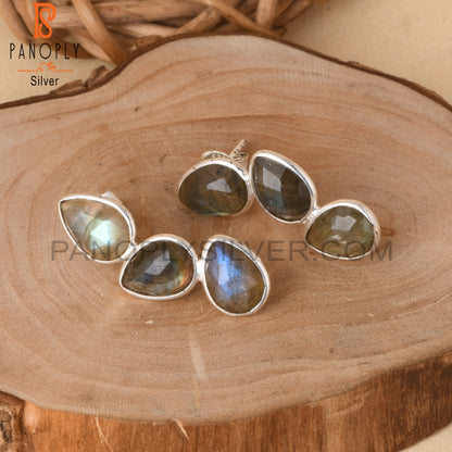 Briolette Cut Labradorite Gem 925 Silver Drop Earrings