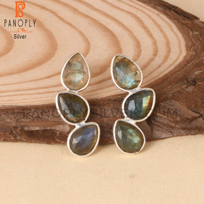 Briolette Cut Labradorite Gem 925 Silver Drop Earrings