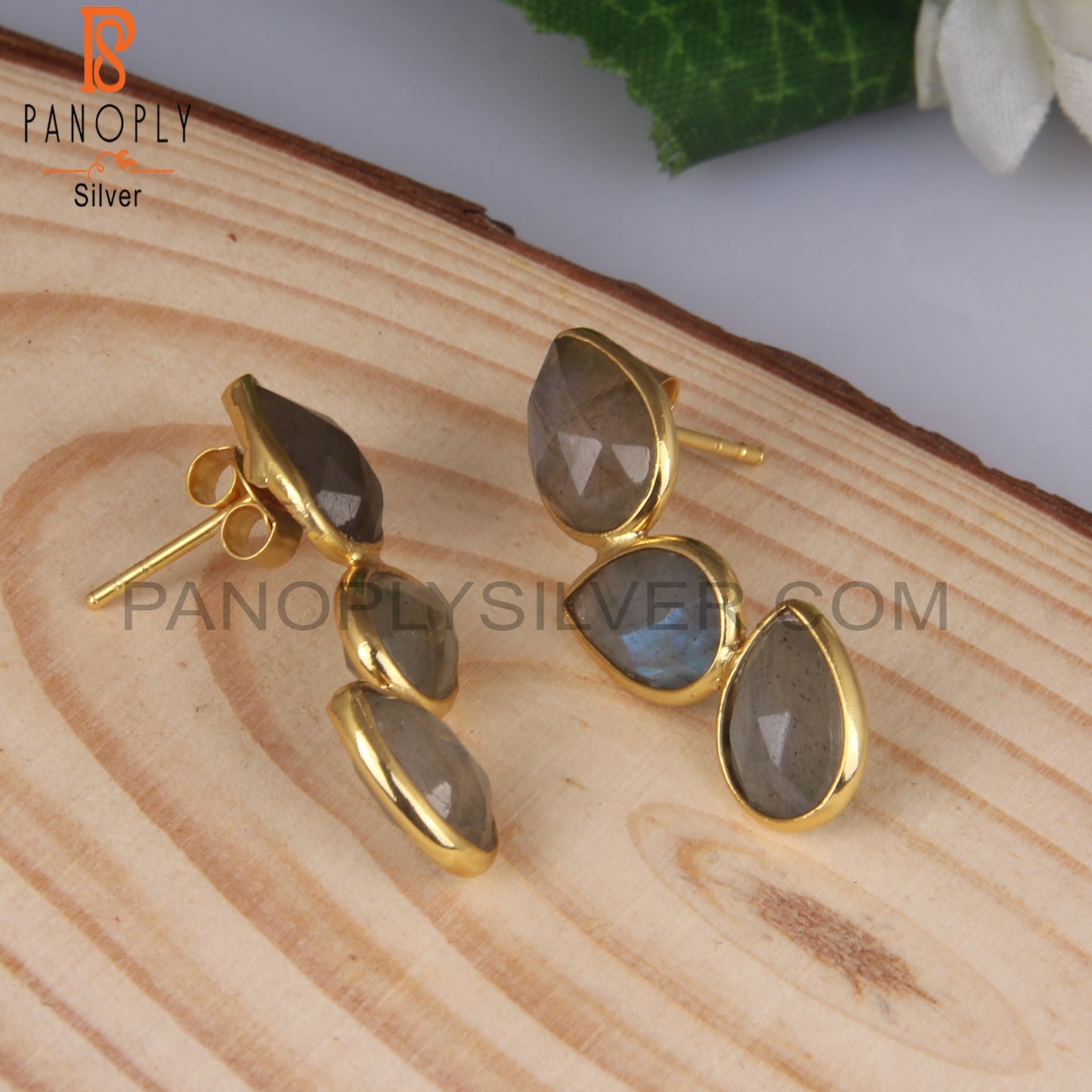 Natural Labradorite 14k Gold Plated Pear Earrings