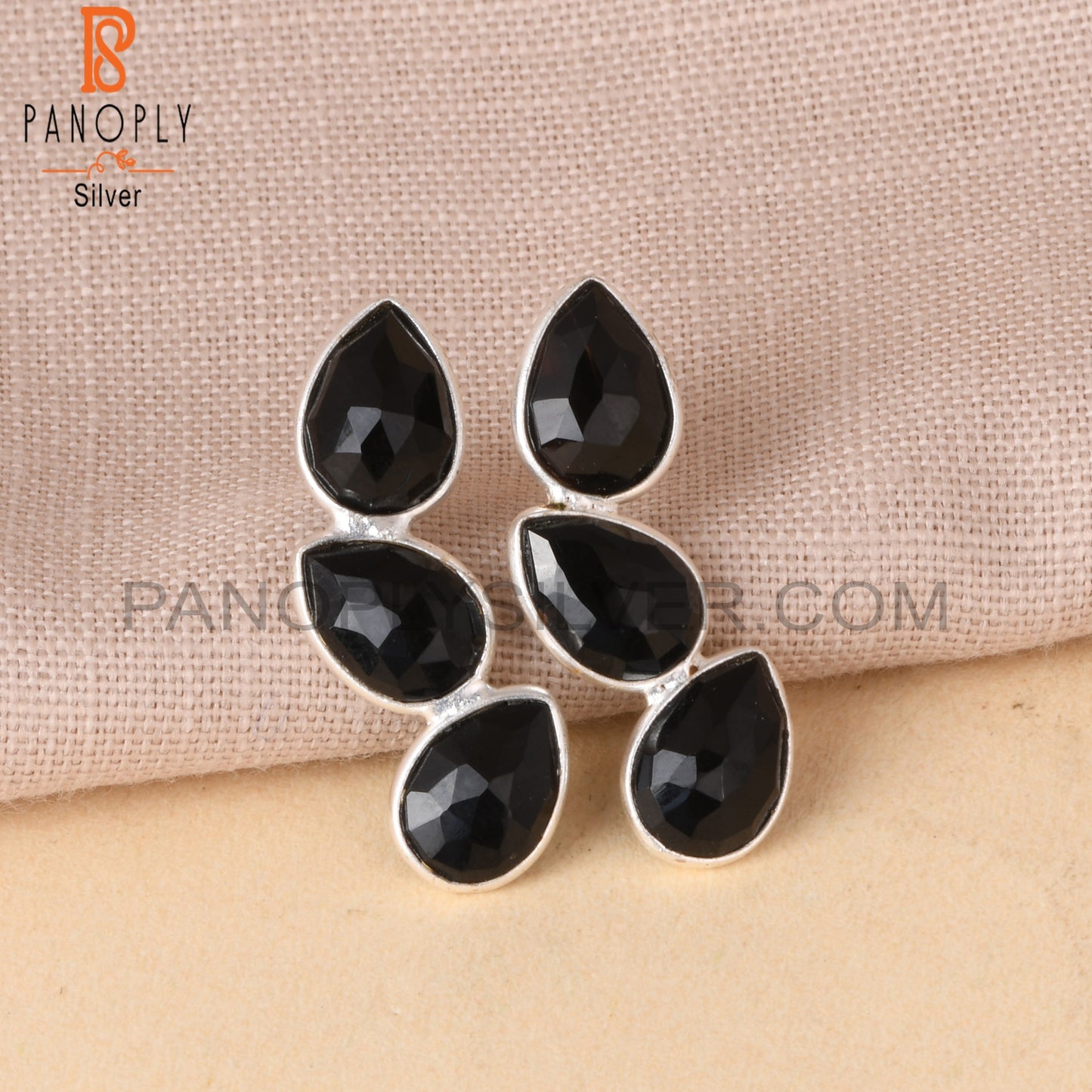 Cenuine Black Onyx Briolette Cut 3 Stone Earrings