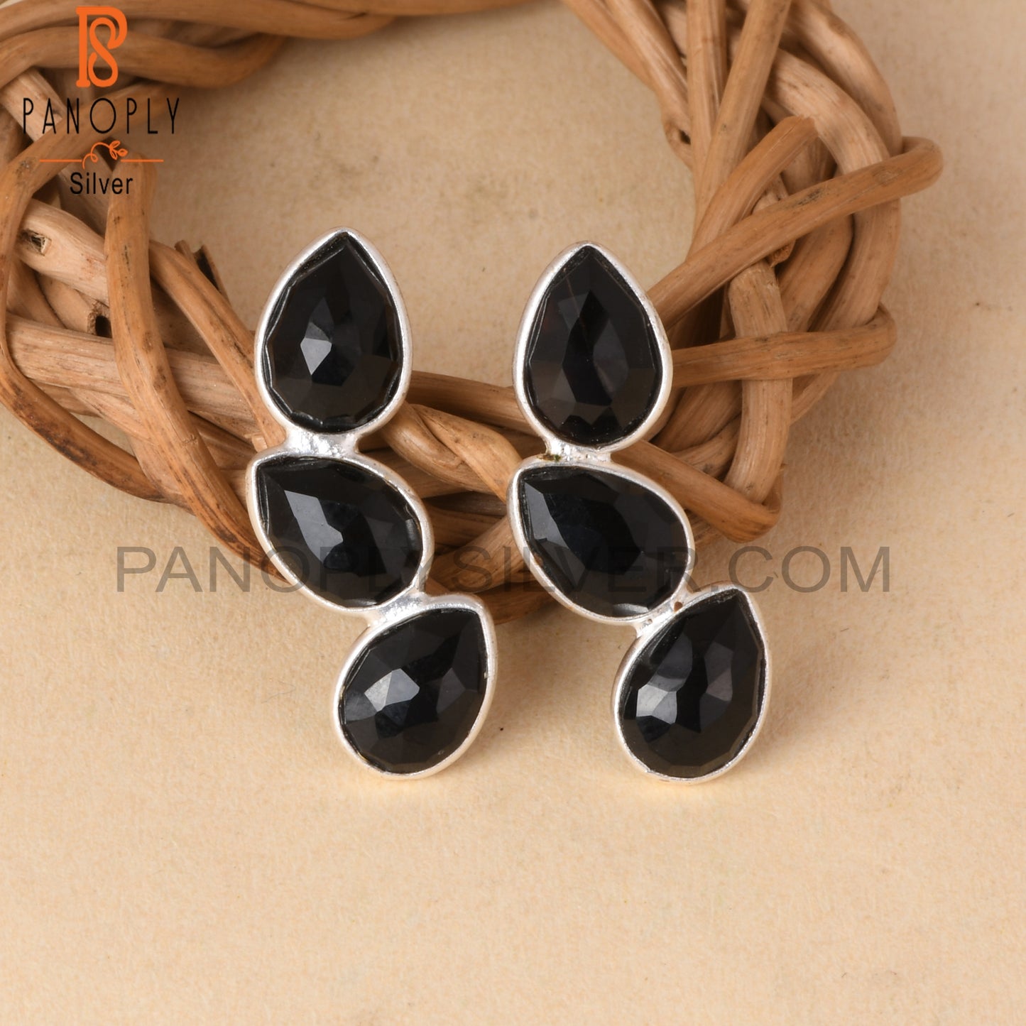 Cenuine Black Onyx Briolette Cut 3 Stone Earrings