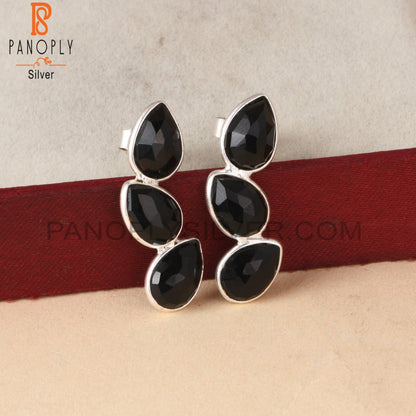Cenuine Black Onyx Briolette Cut 3 Stone Earrings
