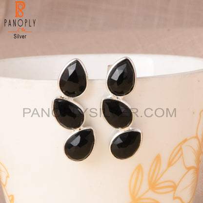 Cenuine Black Onyx Briolette Cut 3 Stone Earrings