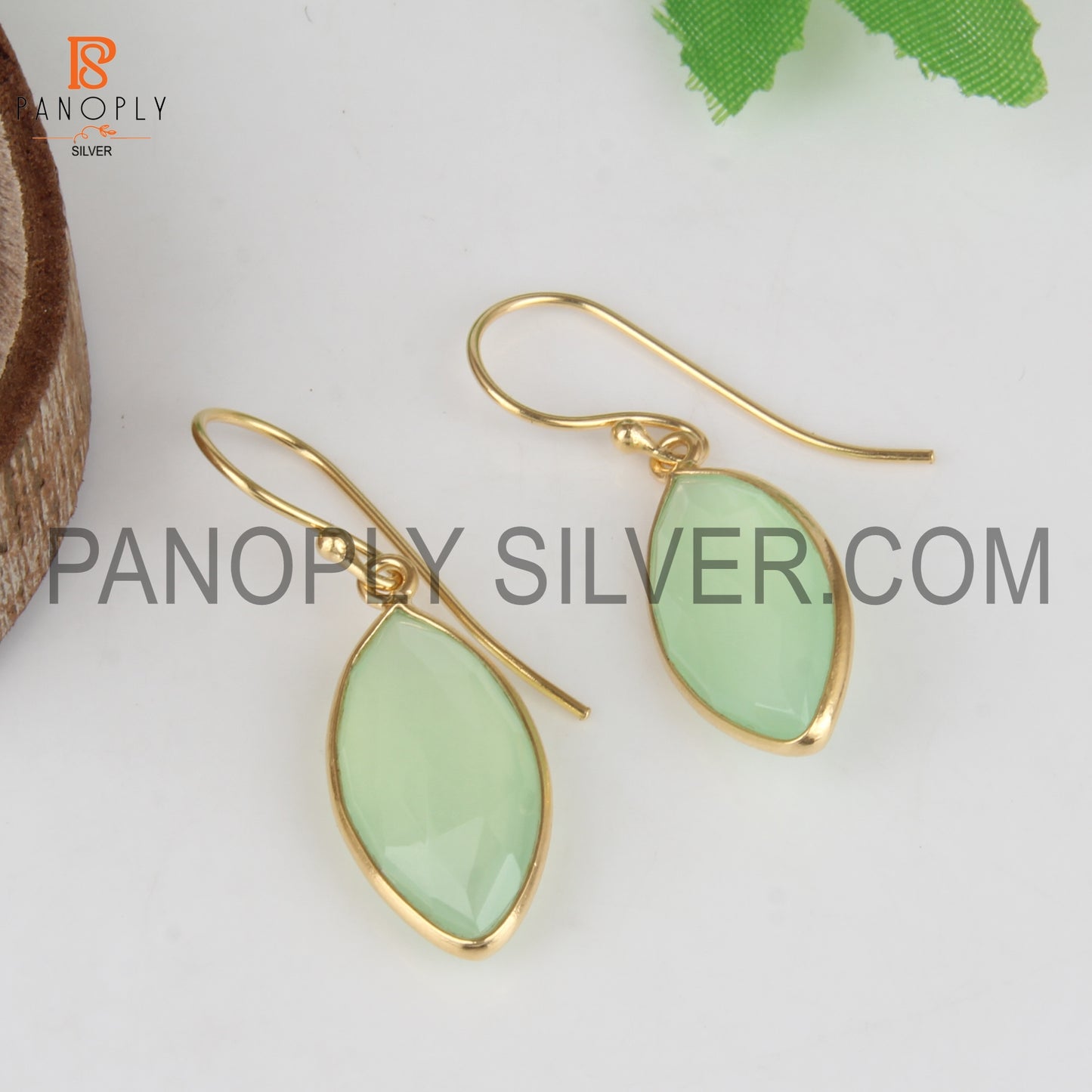 Marquise Prehnite Chalcedony 18k Gold Plated Silver Ear Wire Earrings