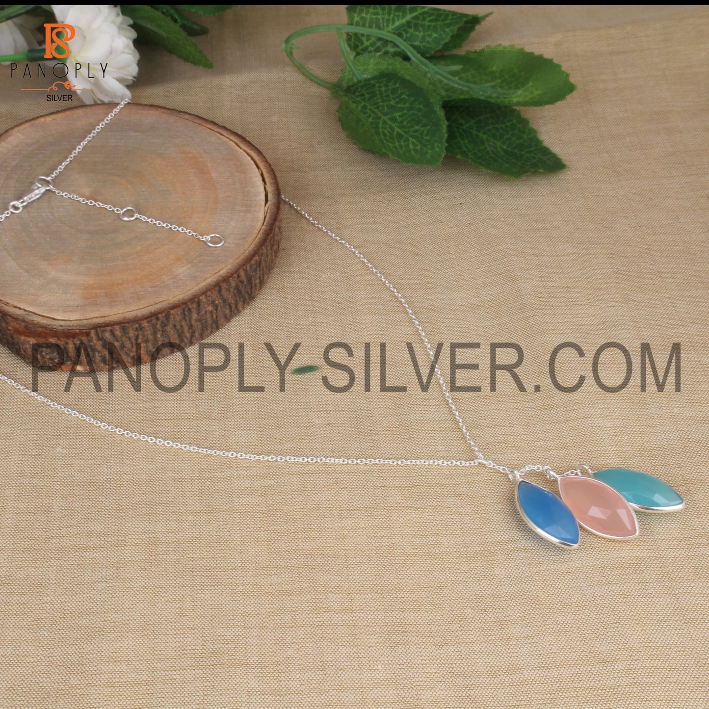 Marquise Shape Three Gem Pendant 925 Silver Lobster Lock Necklaces