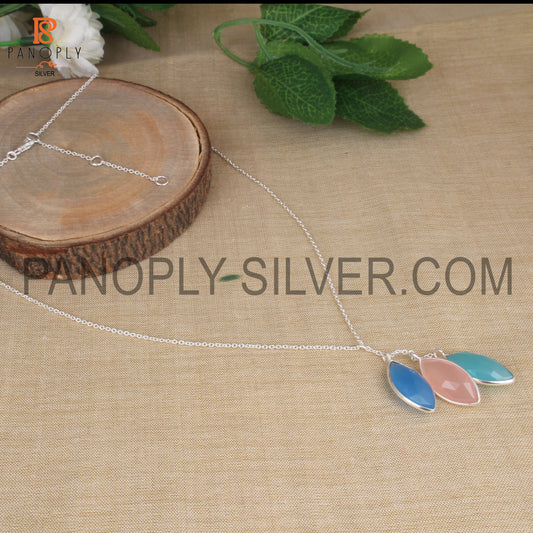 Marquise Shape Three Gem Pendant 925 Silver Lobster Lock Necklaces