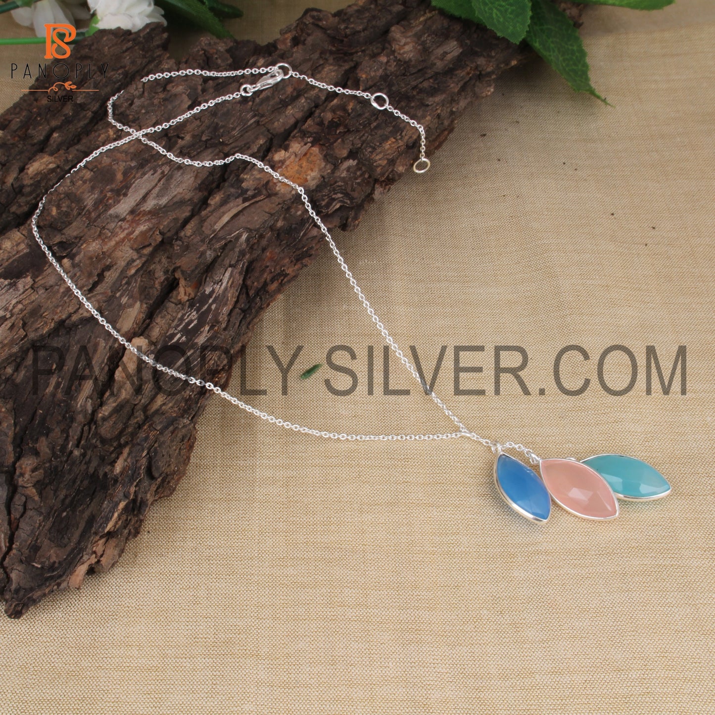 Marquise Shape Three Gem Pendant 925 Silver Lobster Lock Necklaces