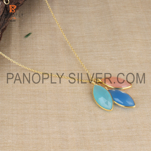 Natural Three Gemstone Leaf Design Gold Chain Pendant