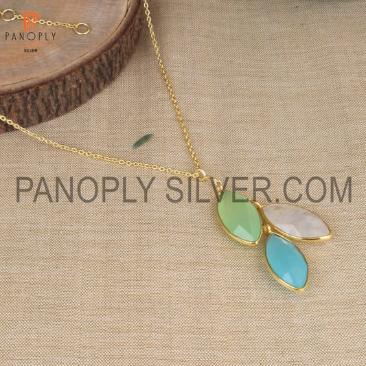 925 Silver Pendant In Three Leaf Design with Chalcedony Gemstones