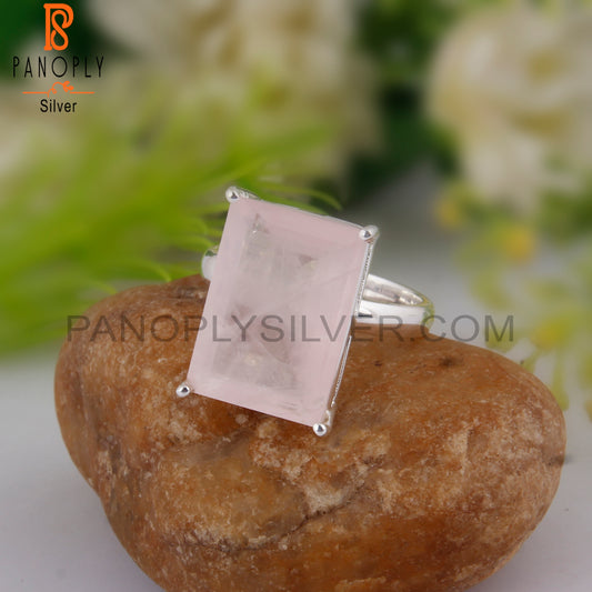 Rose Quartz Octagon Shape 925 Sterling Silver Ring