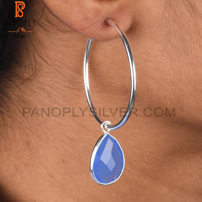 Glass Blue Chalcedony Pear 925 Sterling Silver Earrings