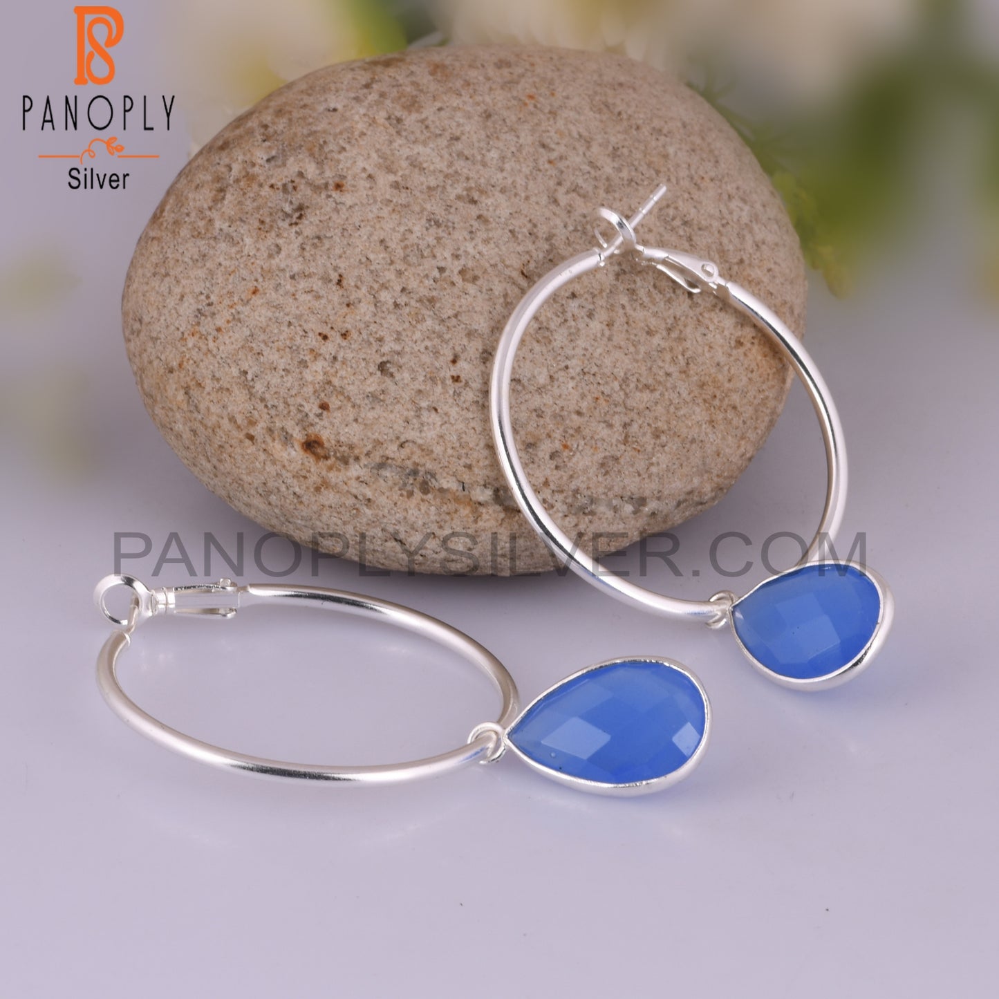 Glass Blue Chalcedony Pear 925 Sterling Silver Earrings