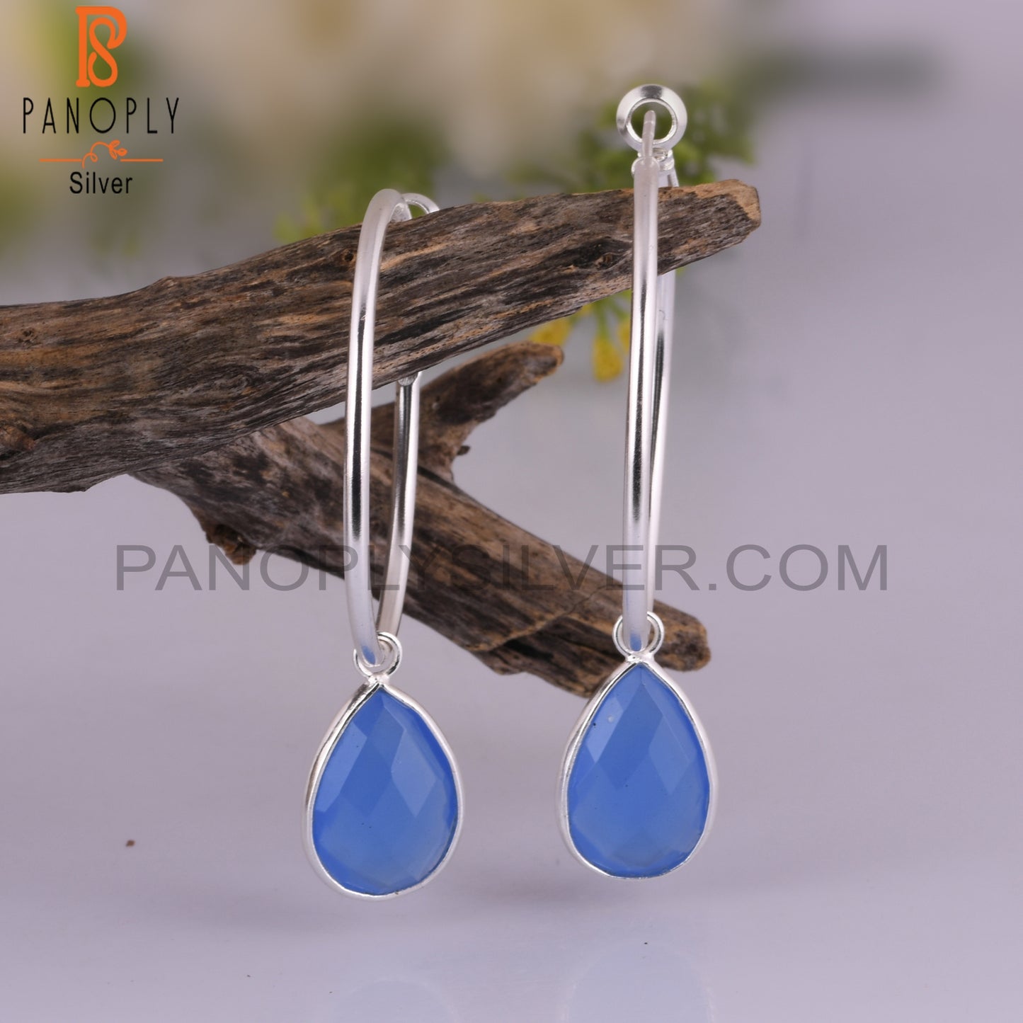 Glass Blue Chalcedony Pear 925 Sterling Silver Earrings