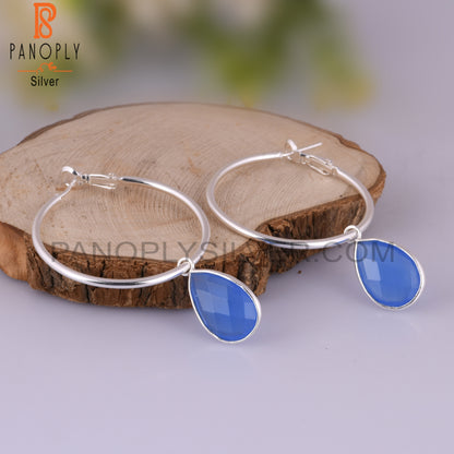 Glass Blue Chalcedony Pear 925 Sterling Silver Earrings